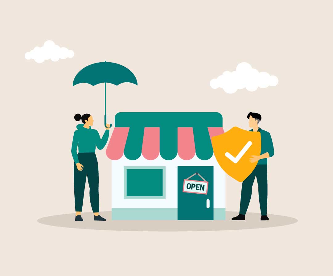 Illustration of men and women, outside of a small shop woman, hold umbrella man holds a gold badge with check sign