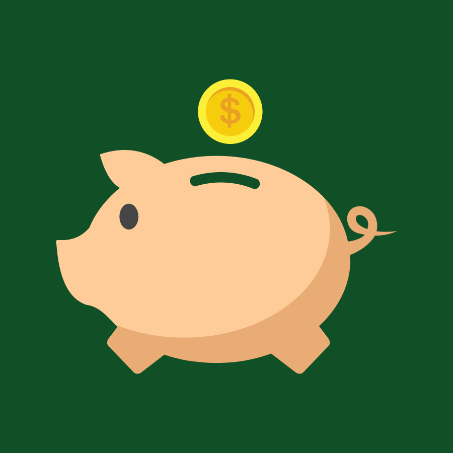 Illustration of a piggy bank on a green background with a gold coin above it